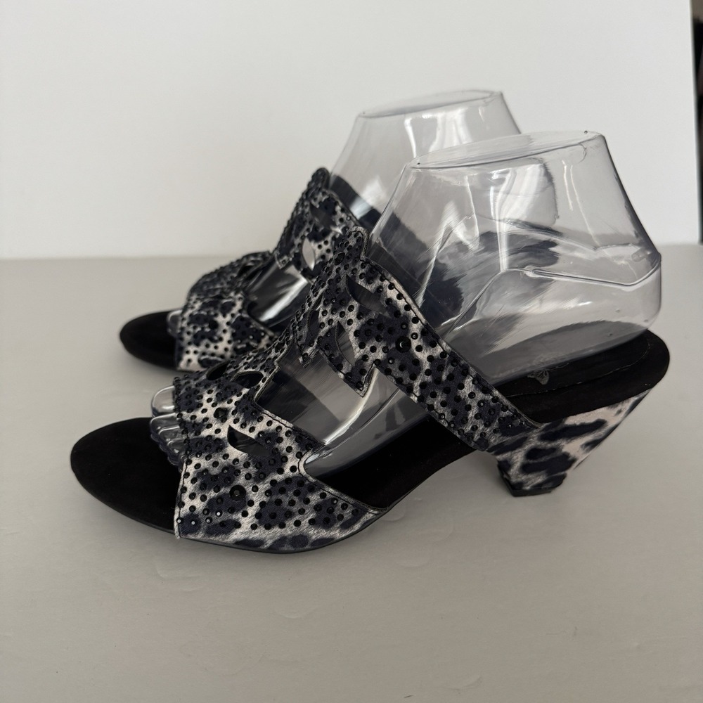 Joan Boyce Heels Women 8‎ W Black Gray Cheetah Leopard Rhinestone Velour Slide